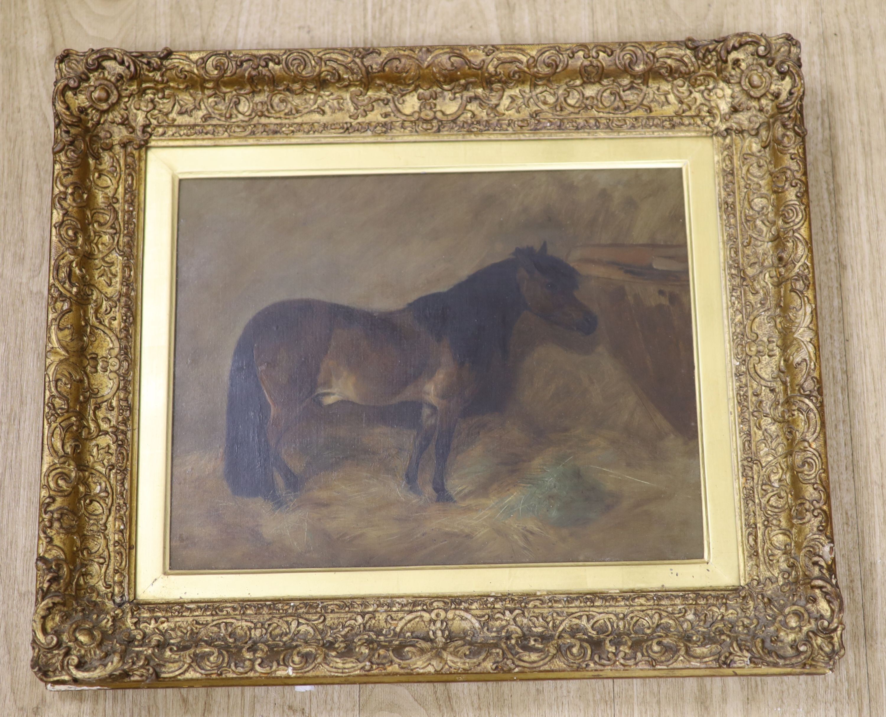 Victorian School, oil on board, Shetland pony in a stable interior, indistinctly signed, 30 x 38cm.